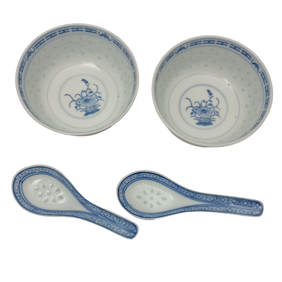 Vtg Chinese Rice Grain Set Of 2 Rice Bowls with Spoons - Picture 1 of 6
